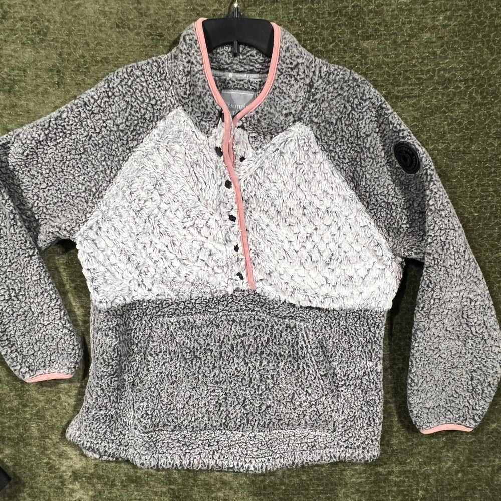 Simply Southern Sherpa Pullover Women XXLarge Gray White Pink Snap Fleece 1230